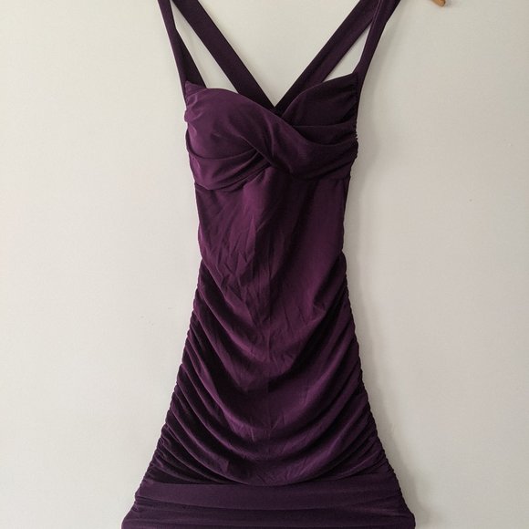 Ruched Royal Purple Midi/Mini Bodycon Dress AKIRA - Picture 4 of 8